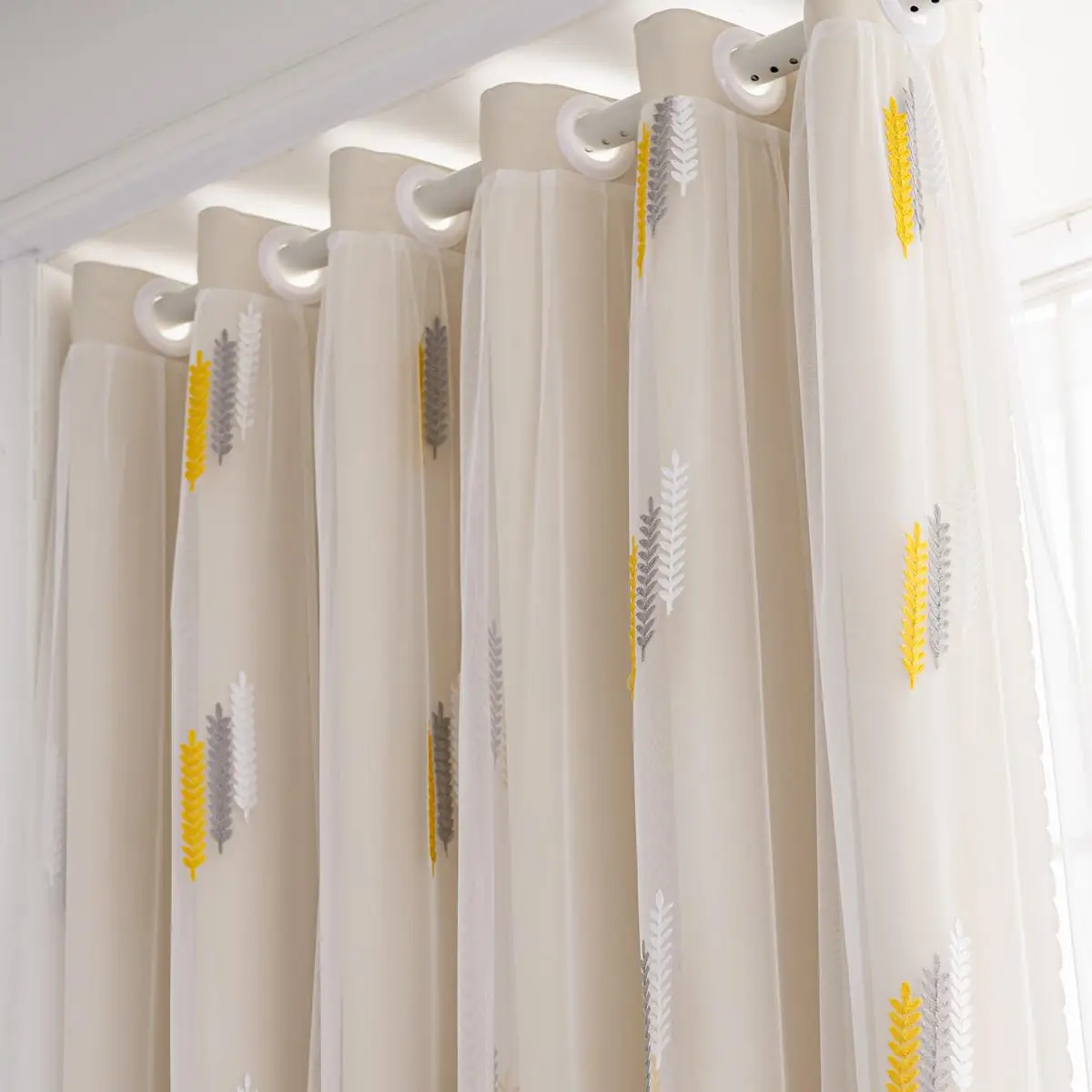 Wheat Ear Pattern Double-layer Design Blackout Cloth Window Curtain, 1 Count Fabric & Gauze Integrated Sunshade Curtain, Thermal Insulated Curtain, He