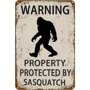 Aluminum Vintage Sasquatch Warning Sign 8x12 Inch Rustic Bigfoot Wall Art for Hunting Cabins Campgrounds Backyards Funny Outdoor Decor Gift for Cryptid Fans Pranksters Nature Lovers