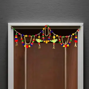 Multicolor Parrot Pompom Moti Toran | Handmade Decor for Weddings, Festivals & Diwali | Vibrant Ethnic Charm, Ideal for 38-Inch Doorways