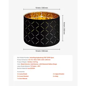 VEVOR Drum Lamp Shade 2 Set, 13 in Topx 13 in Bottomx 10 in High, Medium Drum Lampshade with Harp, Replacement Lamp Shade for Table Lamps Floor Lamps Pendant Lights, Black Diamond Hollow Design