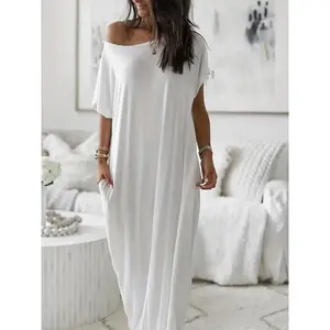 Women'sSolidColorBatwingSleeveLoungeDress,CasualComfyShortSleeveNightdressforDailyWear,LadiesSleepwearforAllSeasons,Loungewear