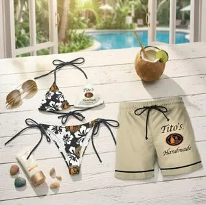 Summer 2026 Couple Beach Set, Tropical Vodka Label Floral Bikini and Matching Hawaiian Shorts