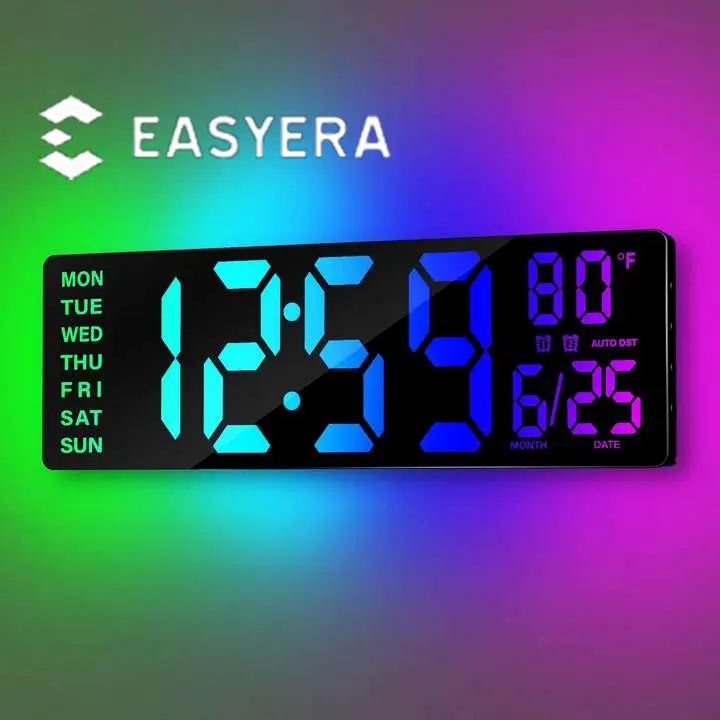 EASYERA 16.5" & 12" Large Digital Wall Clock with Remote Control, RGB Atmosphere Lights with 11 Scenes Mode, Dual Alarms with Big LED Display, Classro