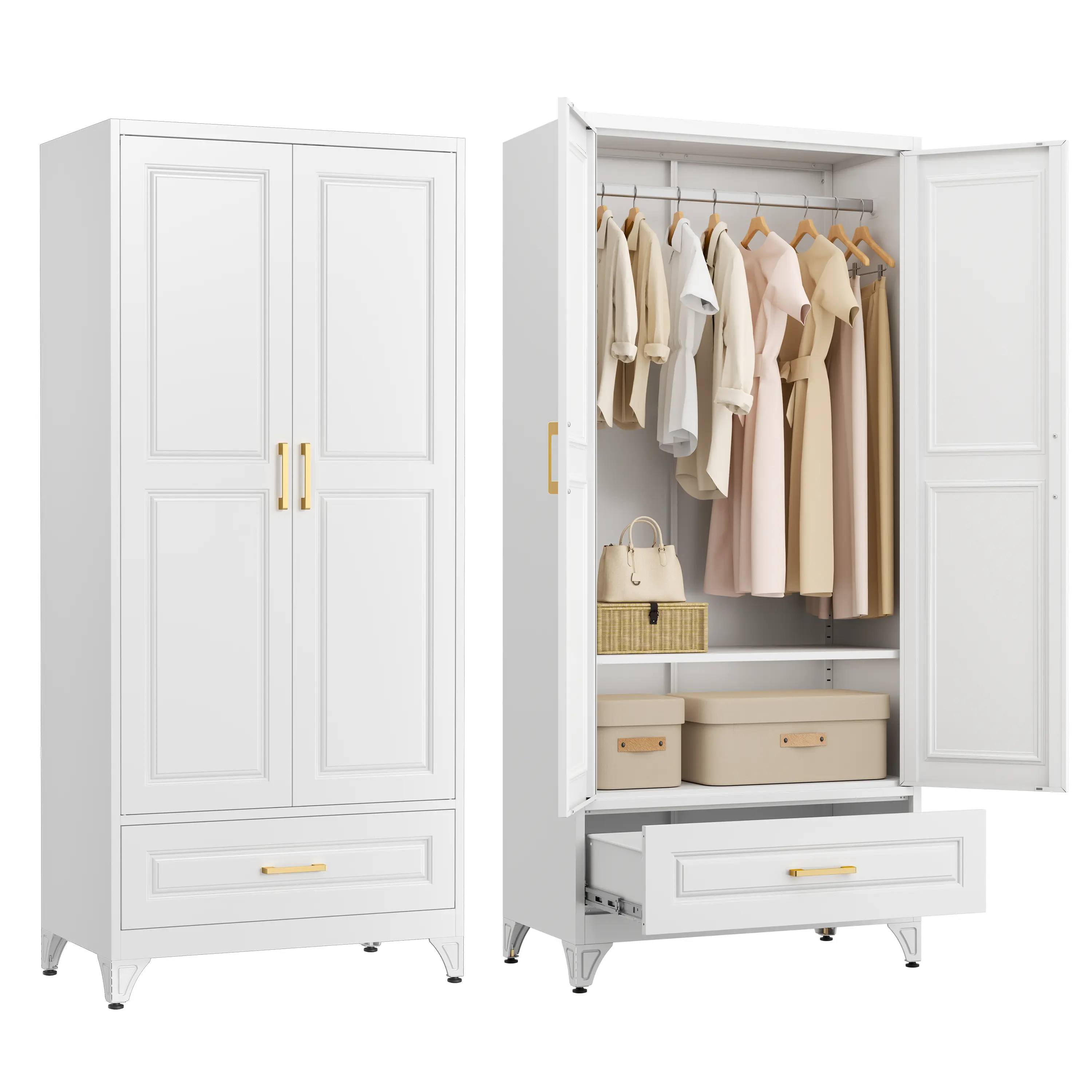 DEALS FOR YOU 71 Inch Tall Freestanding Metal Wardrobe, 2 Doors 1 Drawer Steel Clothing Armoire with Hanging Rod & Adjustable Shelves, Large Capacity Bedroom Storage Cabinet, Ideal Mother’s Day Gift Wardrobe campingessentials