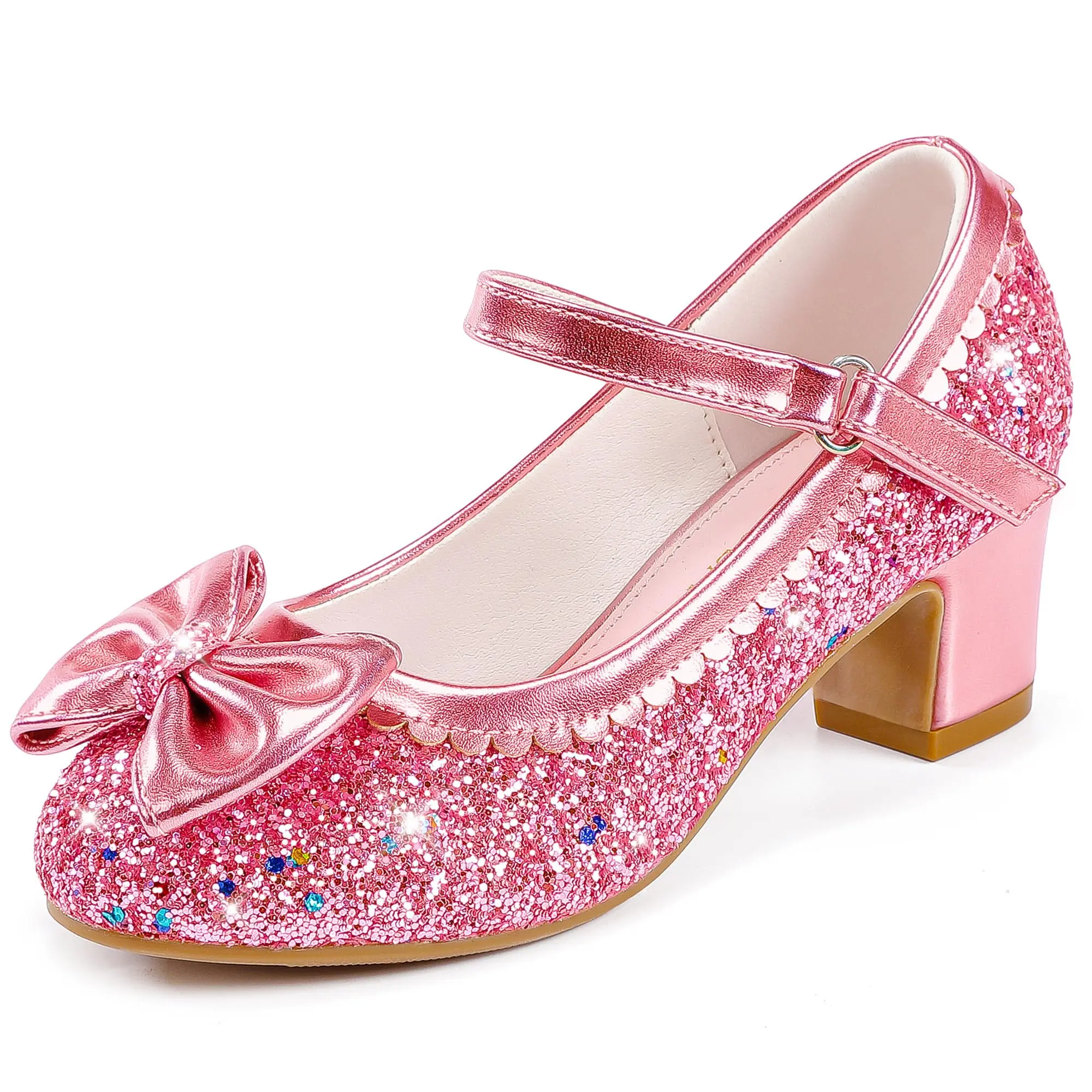 Toddler Girls' Sparkle Glitter Mary Janes - Princess High-Heel Dress Shoes with Bowknot, 1.73-1.9in H, Adjustable Buckle, Round Toe for Halloween, Christmas, Church, Easter Events