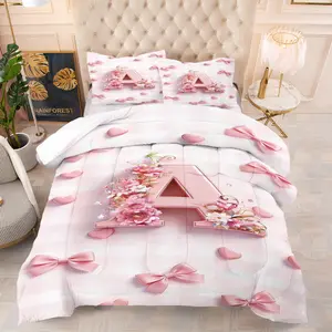 Adorable Pink Letter A Theme Quilted Comforter Set, Cute Floral & Bow Accent Print with Plaid Background, Cozy Fluffy All-Season Bedding for Girls' Rooms & Romantic Bedroom Decor, 1 Quilt & 1-2 Pillowcase Without Cores