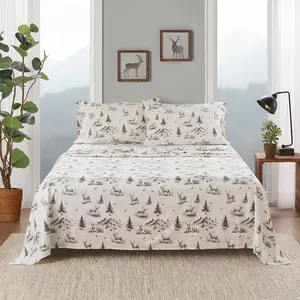 360 stand Full-Size Cotton Flannel Sheet Set - WR20-3990, 91x96x0.13 in, Gray Deer Toile, Bedroom Bedding Set
