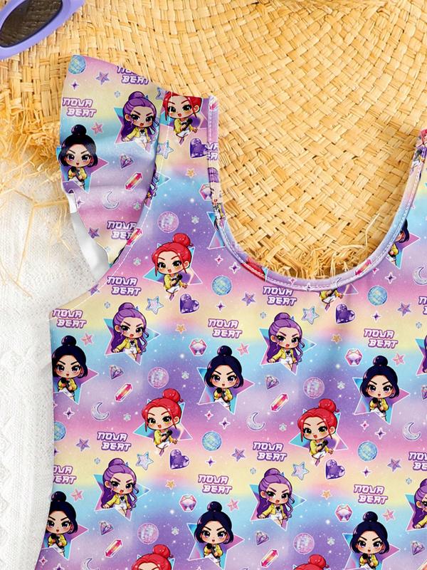 K-Pop Hunter Girl Group Swimsuit, Girls' Starry Sky Gradient Swimwear, Cartoon Character Print, Sweet Cool Two-Piece Bathing Suit, Swim Skirt Set