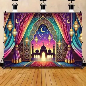 1pc Arabian Nights Backdrop Vibrant Lanterns Islamic Architecture Colorful Polyester Scene for Family Party Wedding Birthday Holiday Celebration Easy Setup Reusable