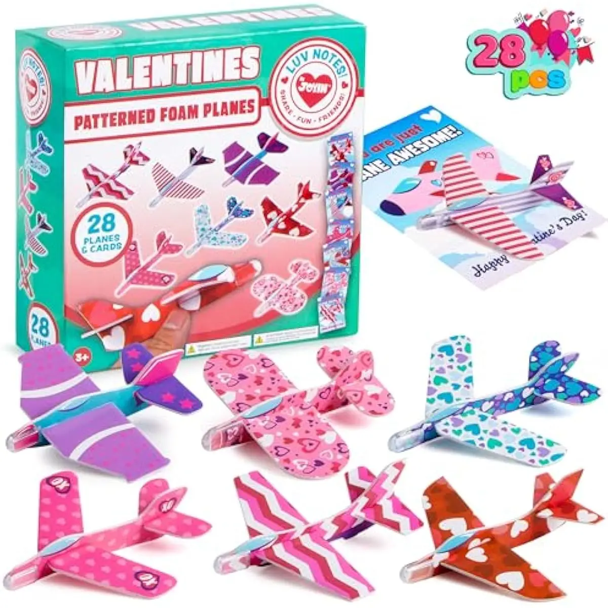 28 Valentine's Day Foam Airplanes for Kids, Greeting Cards with Punchline for Kids School Classroom Exchange Prizes Gift Supplies, Planes Party Favor