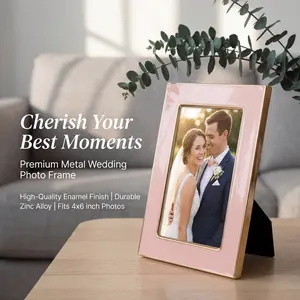 4x6 Enamel Picture Frame, Gold Metal Edge with Easel, Real Glass Photo Frame for Wall and Tabletop Display Family Office Photo Gallery, Pink Ename Photo F