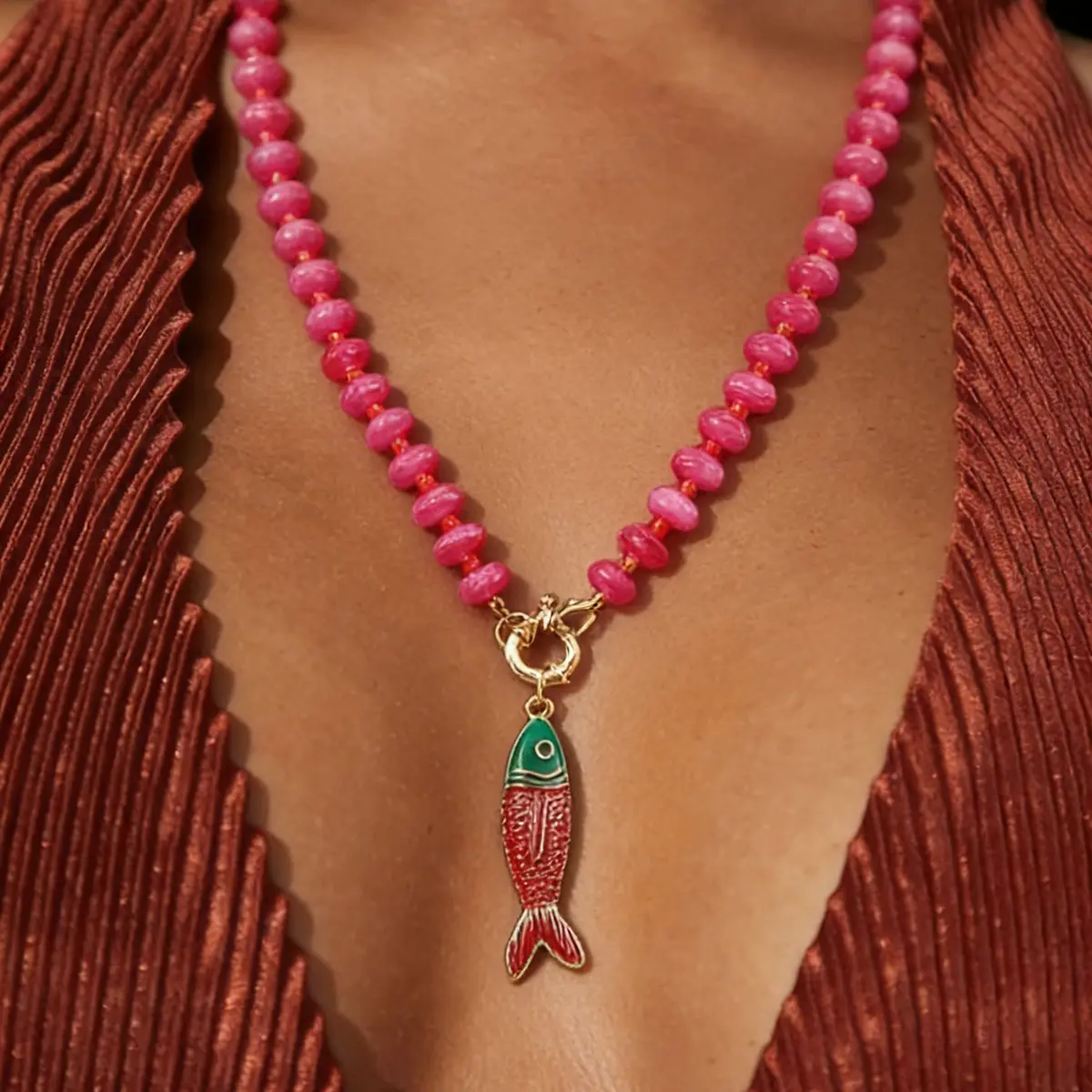 Unisex Ethnic Boho Resin Beaded Choker Necklace - Short Costume Jewelry with Colorful Fish Charm for Vacation