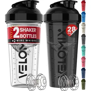 -2 Pack- 28 Oz Protein Shaker Bottles For Mixes - 2x Wire Whisk | Leak Proof Cups Shakes Bottle Pack (black/transparent)