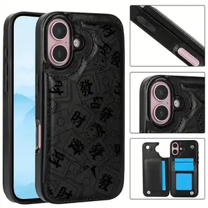 Shockproof Wallet Case with Card Holder - Stylish Chinese Characters Design for iPhone 17/16/15 Pro Max 14 Plus/13/12/11 Pro/Air