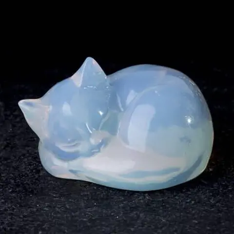 2 Inch Handcrafted Sofia Opalite Cat Statue, Blue Mineral Specimen Sleeping Kitten, Home Desk Healing Crystal Decorative Ornaments