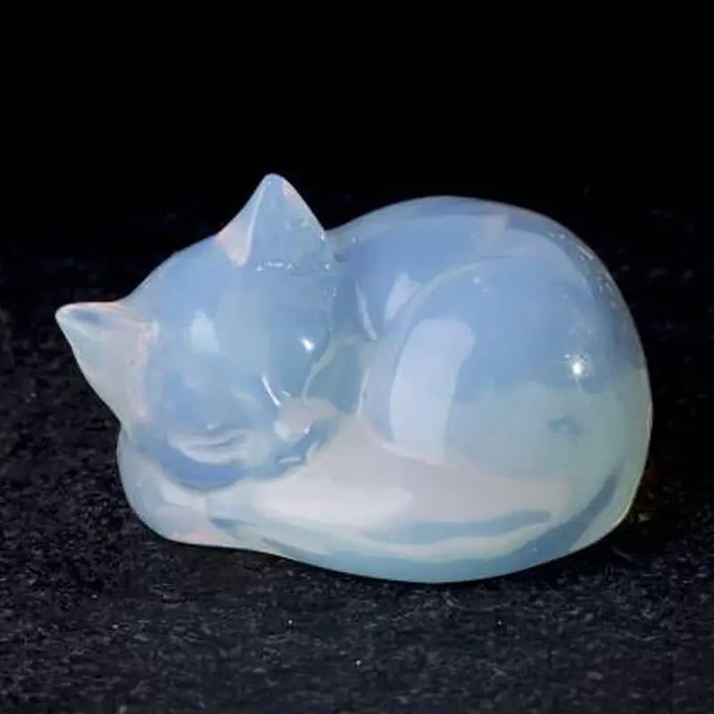 2 Inch Handcrafted Sofia Opalite Cat Statue, Blue Mineral Specimen Sleeping Kitten, Home Desk Healing Crystal Decorative Ornaments