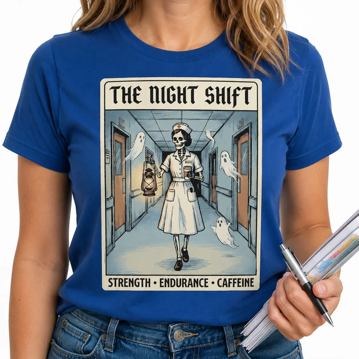 Night Shift Nurse T-Shirt, Hospital Skeleton Tarot Card Graphic Tee, ER ICU RN Doctor Med Student Shirt