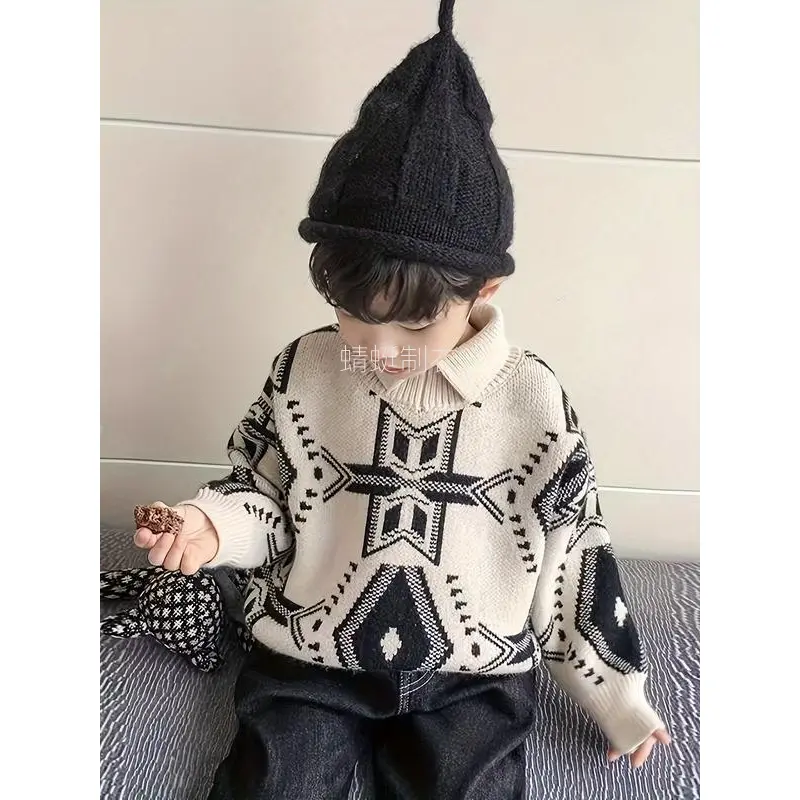 Child-Sized Boys' Winter Sweater, New Arrival Stylish Turn-Down Collar Thick Knit Top, Korean Fashion for Autumn-Winter Seasons, Child-Sized Boys' Sweaters