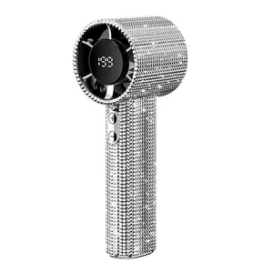 Diamond-Shimmering Luxury Fan-A Portable Handheld Turbo Fan 3 Gear Rechargeable Long Battery Life Hand Fan with Digital Display for Outdoor Activities Travel Office Strong Boosting Output Long Distance Blowing