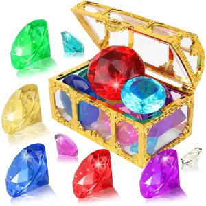 Diving Gem Pool Toys 10 Colorful Big Diamond Gem with Treasure Pirate Chest Box Summer Underwater Acrylic Gemstones Set for Kids Swimming Pool Party Favors