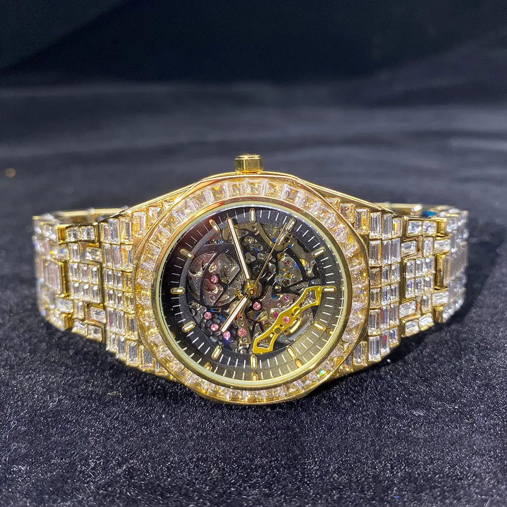 Hip Hop Men's Skeleton Fashion Watch, 42mm Gold-Plated Mechanical Timepiece with Luminous Iced Out Dial, Japanese Movement, 30m Water Resistant