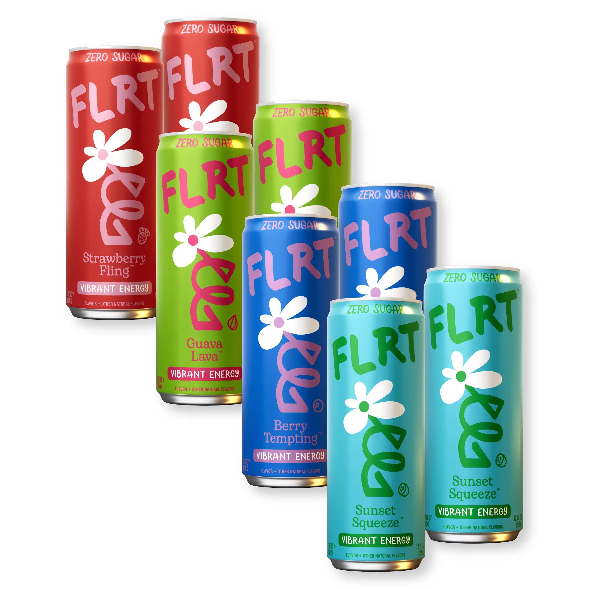 FLRT Energy Variety Pack (8-pack), Sunset Squeeze, Strawberry Fling, Guava Lava, Berry Sugar-Free, Clean Energy Drink