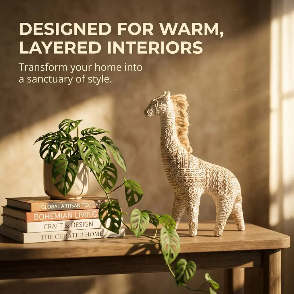 Boho Giraffe Figurine with Fiber Mane, Animal Shelf Decor | Giraffe Decor, Handcrafted Fiber Mane, Boho Animal Decor, Bookshelf Decor, Desk Decor, Coffee Table Decor, Bedroom Accent