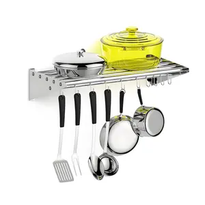 GARVEE Kitchen  Storage Rack and Organization, Stainless Steel Metal Wall Shelf With 10 S Hooks for Hanging Pots and Pans, Chrome, Cookware In Home and Restaurant