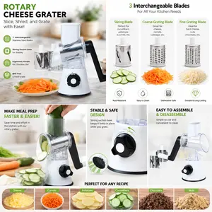 3-in-1 Rotary Cheese Grater & Vegetable Slicer – Interchangeable Stainless Steel Blades, Manual Kitchen Shredder for Cheese, Vegetables, Nuts & More