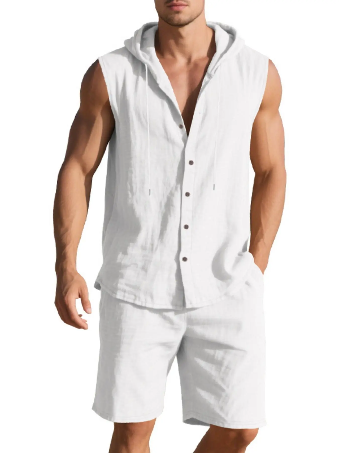 Cross-Border American Style New Linen Breathable Sunny Summer Two-Piece Casual Clothing Set for Men - Loose Fit Plain Minimalist Hooded Sleeveless Shirt and Shorts Outfit Clothes Menswear