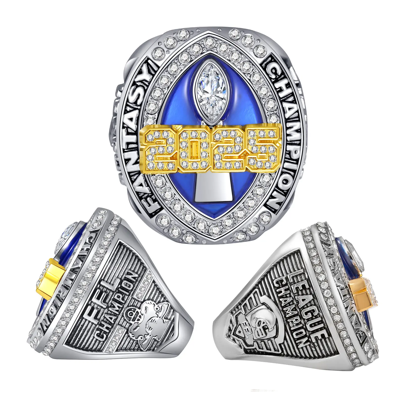 2025 FFL Fantasy Football Championship Ring, 2-Tone Gold-Silver Plated Lead-Free Zinc Alloy Cubic Zirconia Ring, Heavyweight Engraved Metal Sports League Prize Jewelry with Trophy Details, Cubic Zirconia Rings, Engraved Metal Rings