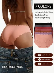 7-Pack Women's Solid Color Seamless Silk Feel Panties, Ruffle Hem Invisible Soft Intimates, Comfortable Sexy Underwear