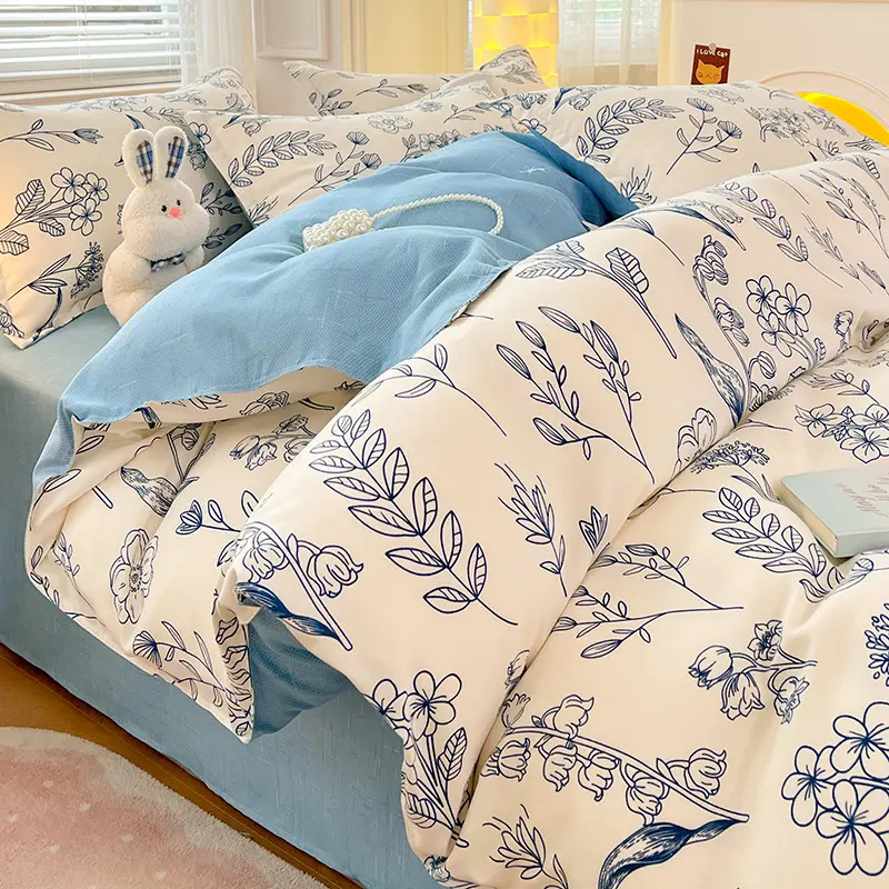 Blue Line Floral Bedding Set, Cream Sketch Flower Leaf Duvet Cover Set, Solid Light Blue Reversible Bed Sheet Pillowcase Set for Minimalist Girls Dorm Bedroom Decor