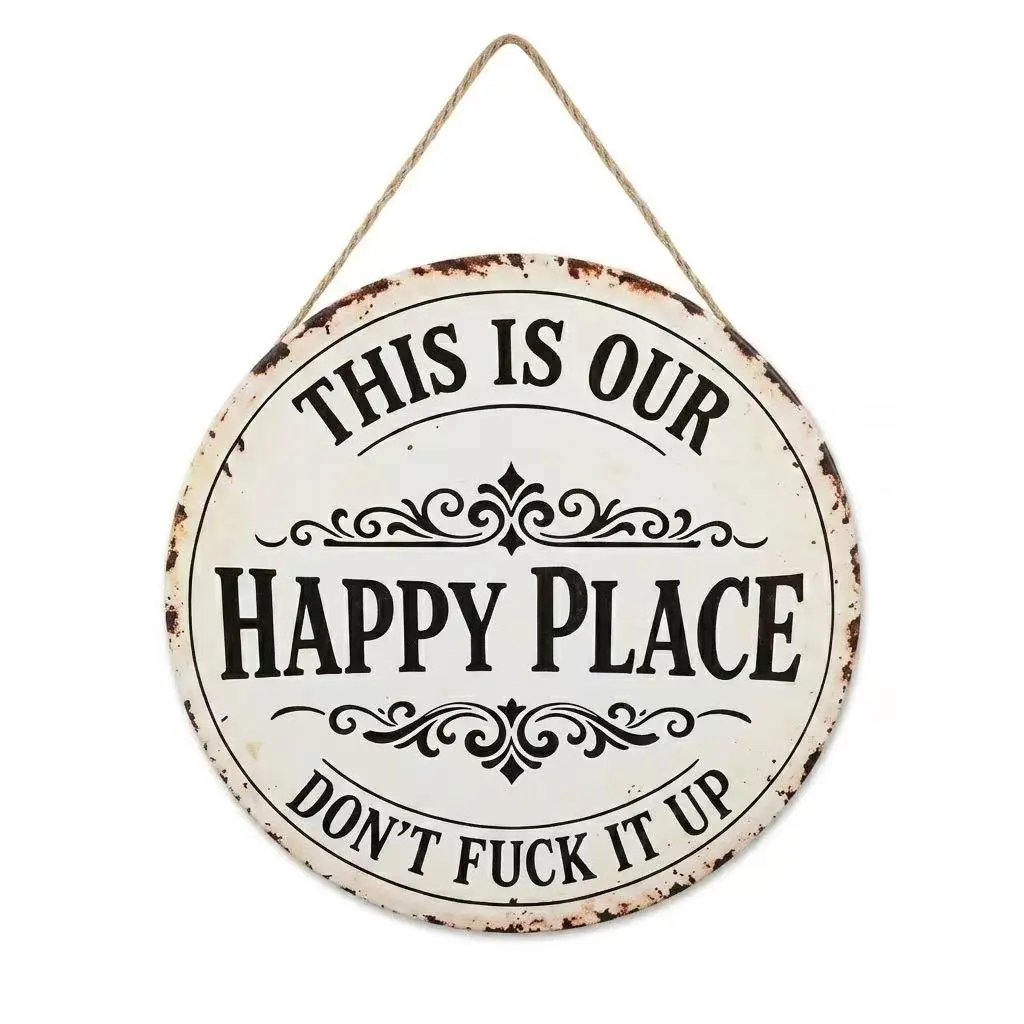This Is Our Happy Place Don’t F*ck It Up Funny Metal Tin Sign 12x12 Inch Vintage Rustic Hanging Wall Decor Farmhouse Style Metal Wall Art for Home Bar Garage Garden Patio  Indoor & Outdoor Use
