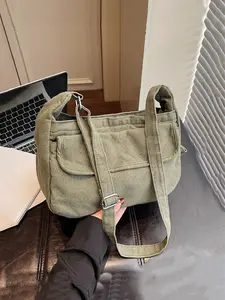 Simple solid-color canvas easy-to-match shoulder sling bag, women's daily casual multi-pocket crossbody bag