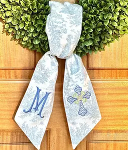 Custom pale blue Easter cross wreath sash, personalized baptism toile swag, monogrammed grandmillennial wreath scarf gift for baby shower