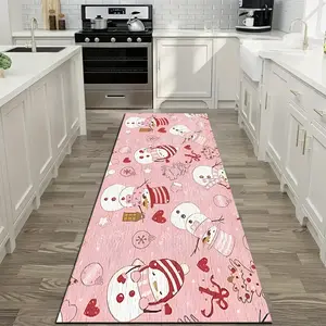 1 piece pink Christmas kitchen rug with different shapes small snowman pattern, Christmas decoration, absorbent and non-slip, suitable for living room/bedroom/bathroom/kitchen/office area/patio/coffee shop, fashionable home decor, Farmhouse Kitchen Rug