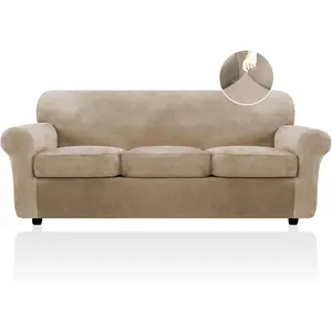 Velvet Sofa Cover, Couch Covers for 3 Cushion Sofa Slipcovers for Sofas with 3, Stretch 4 Piece Couch Cover, Thick Furniture Covers for Dogs Pets, Large, Camel