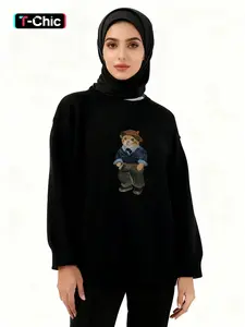 Unisex Cartoon Bear Graphic Print Crew Neck Sweater, Casual Loose Long Sleeve Jumper for Fall & Winter, Fashion Ladies' Knitwear for Daily Wear
