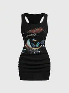 Women's Retro Bad Girl Street Style Streetwear Starry Print Bodycon Mini Dress, Unisex Fashionable Tight-Fitting Mini Dress, Trendy Night Sky Design