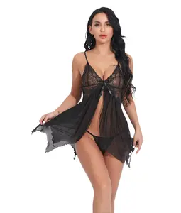 Lace Babydoll Lingerie Set for Women, 2-Piece Sheer Mesh Nightgown with Open Front and Matching Thong, Adjustable Straps
