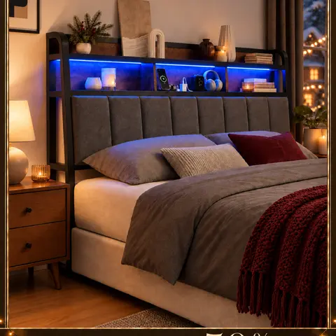【Black Friday】ONBRILL Ergonomic Upholstered Headboard - Queen/King Size, 2-Tier Storage, LED Lit, USB Ports, Height Adjustable, Sturdy, Modern Bed Frame Furniture (Headboard Only), Led Lit Headboard