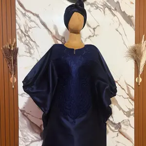 African Embroidery Bubu Dress Kaftan Boubou Elegant Navy Blue Mikado with Scarf