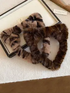 2pcs Autumn Winter Plush Leopard Print Hollow Cat Ear Hairbands, Vintage Cute Press Hair Decorative Headband for Daily Makeup Skincare