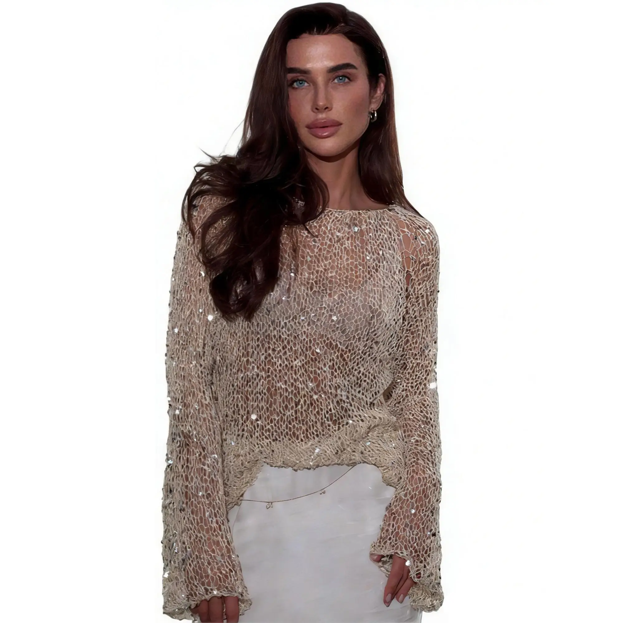 Women Sequin Crochet Knitted Long Sleeve Sweaters Sheer Mesh See Through Swimsuit Cover Ups Pullover Jumper Tops Shiny Fishnet Loose Shirts Blingbling Hollow Out Party Night Out Blouse