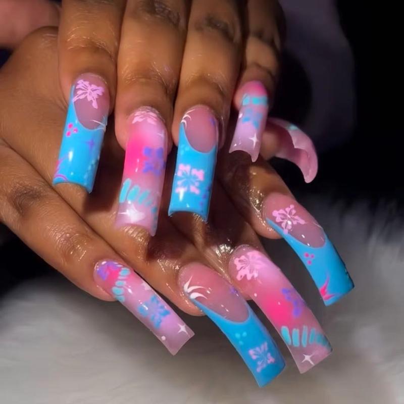 20-Piece Medium Length Press-On Nails Set, Sweet Blue Floral Design with Glossy Finish, Easy to Wear Curved Shape Nail Art for Girls