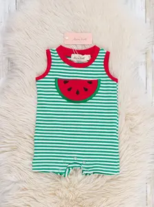 Watermelon Days Striped Embroidered Romper