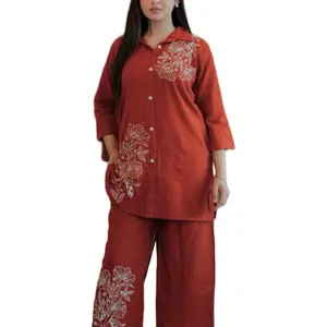 Women's Casual Wear 2 Piece Set with Floral Embroidery and Comfortable Fit Clothes Womenswear Suits