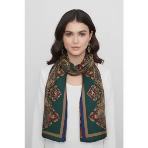 Taupe-Blue-Green-Red Paisley Damask Fringe Scarf