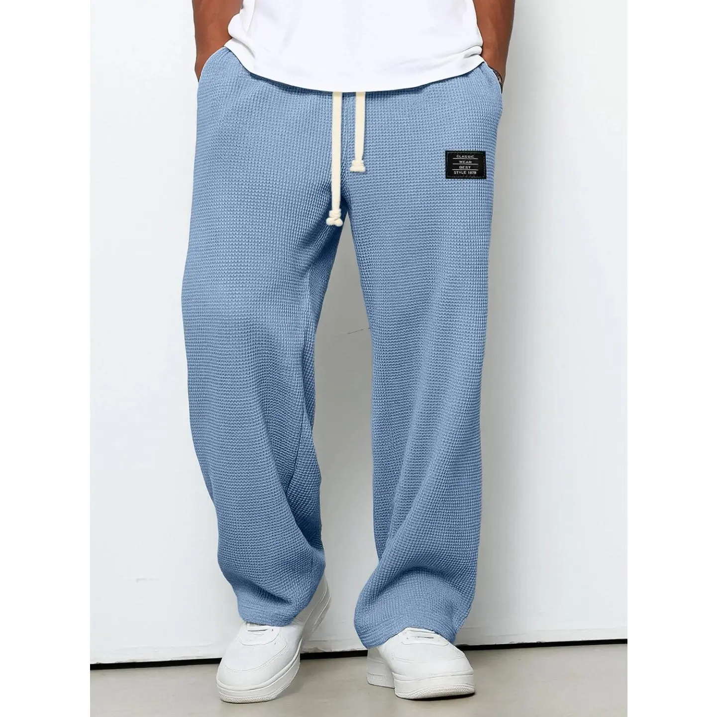 Men's Casual Waffle Pants, Solid Polyester Trousers with a Loose Straight Fit, Drawstring Waist, and Pockets, Autumn Menswear